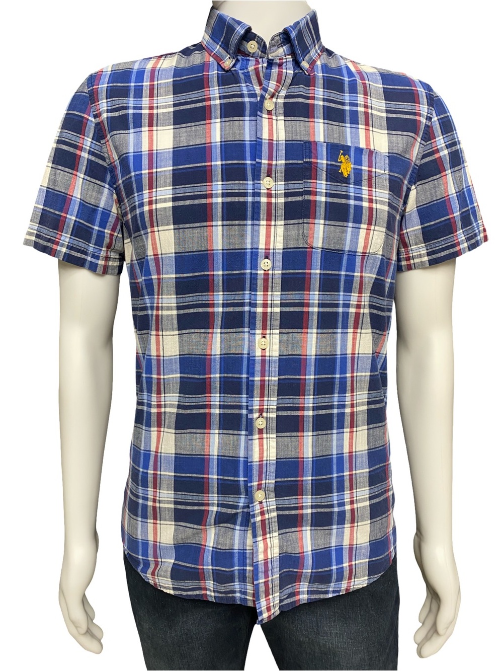 U.S. Polo Assn Men’s Small Stretch Plaid Short Sleeve Button Down Shirt Blue